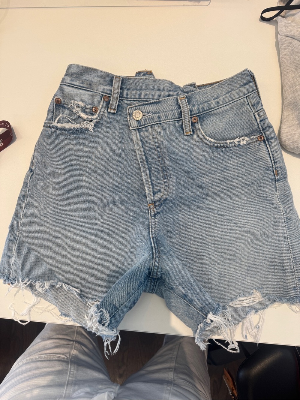 AGOLDE Light Blue High-Rise Distressed across Cross Denim Shorts